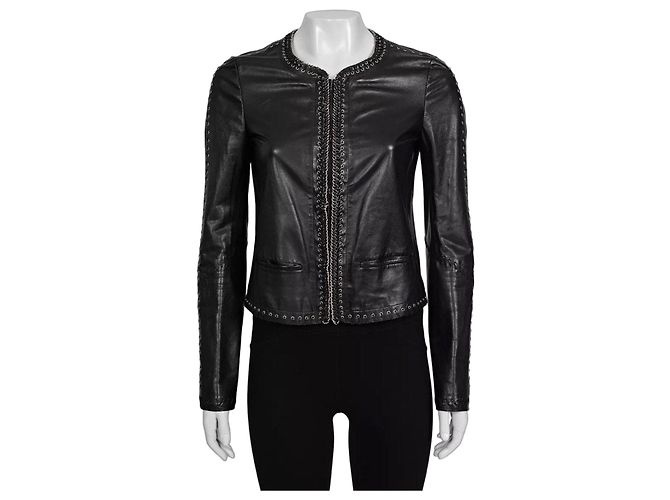 Giacca cropped in pelle nera con lacci Roberto Cavalli IT 42/M usata