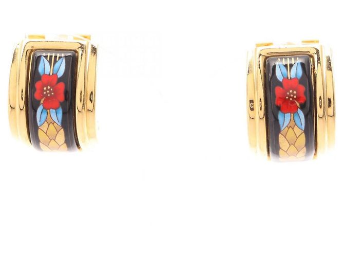 Hermès Pendientes de clip de esmalte cloisonné Hermes Negro Multicolor Dorado