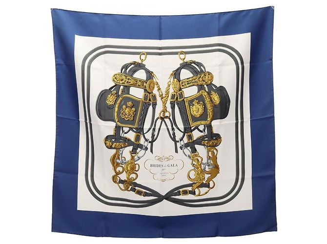 Hermès Hermes Carre 90 Brides de Gala Schal Weiß Blau Mehrfarben