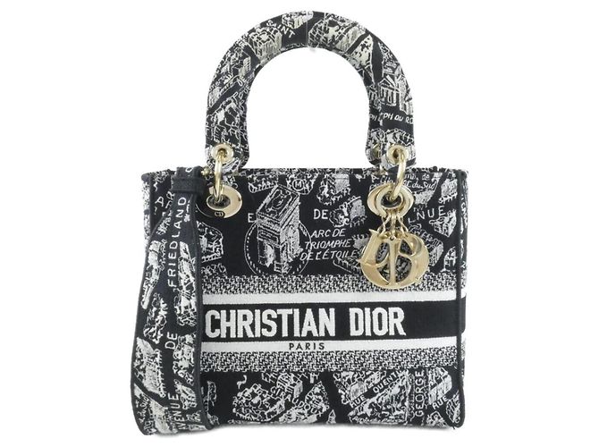 Borsa a mano media Lady D-Lite Christian Dior Plan de Paris Nero Bianco
