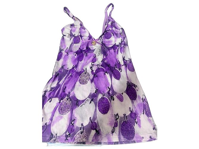 Top de seda Roberto Cavalli roxo com estampa abstrata Branco Dourado