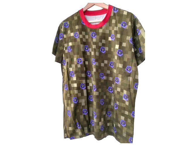 Autre Marque Camiseta verde a cuadros con flores moradas Roja Púrpura