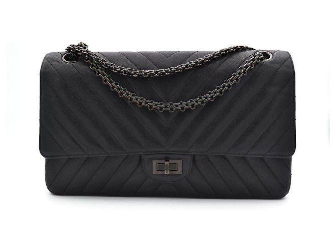Chanel So Black Bolsa de Ombro Aba Dupla Couro Chevron Preto