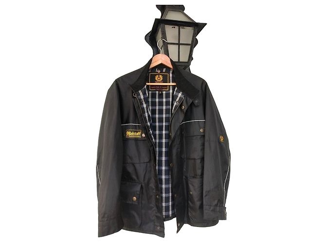 Belstaff Black Polyester Coat with Plaid Lining