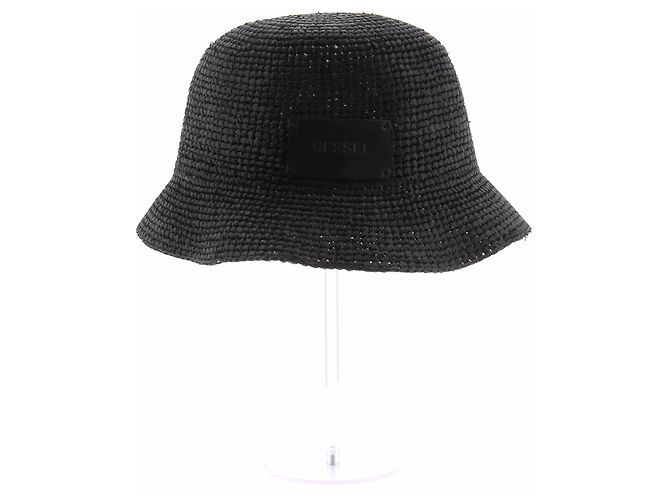 Autre Marque Glockenhut aus Raffia und schwarzem Leder