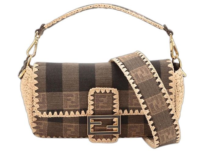 Fendi Bolsa Baguette castanha em lona e ráfia Marrom