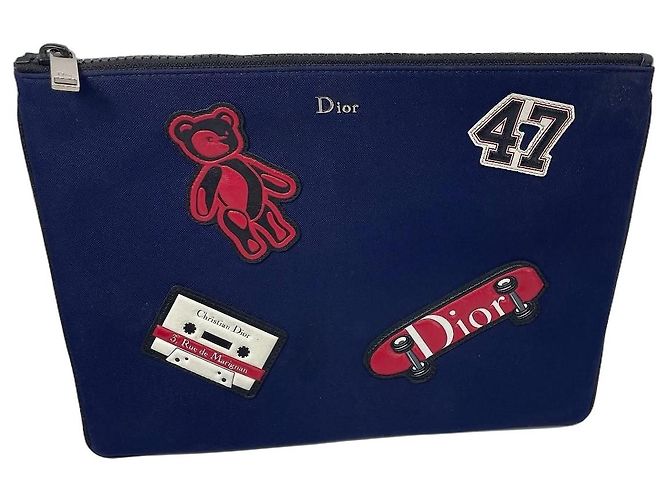 Pouch Christian Dior in nylon blu con patch