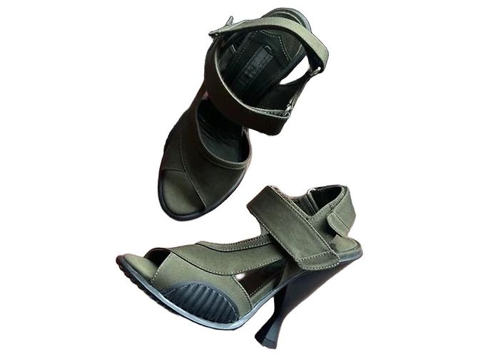 Prada Khaki Canvas Sculpted Heel Sandals Green