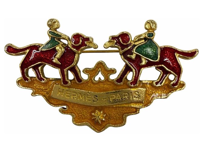 Hermès HERMES Vintage Emaille-Brosche aus Metall Rot Golden Grün