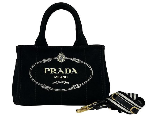 PRADA Canapa Triangle Logo Hardware Canvas 2-way Shoulder Bag Black