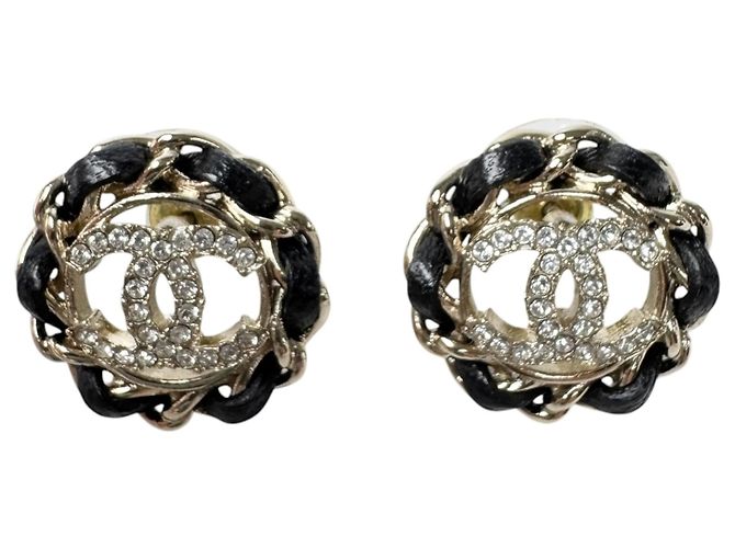 Brincos de corrente de couro com strass Chanel Coco Mark Preto Dourado