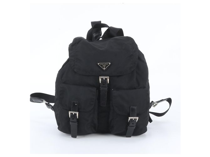 Prada Tessuto Nylon Triangle Logo Leather Backpack Black