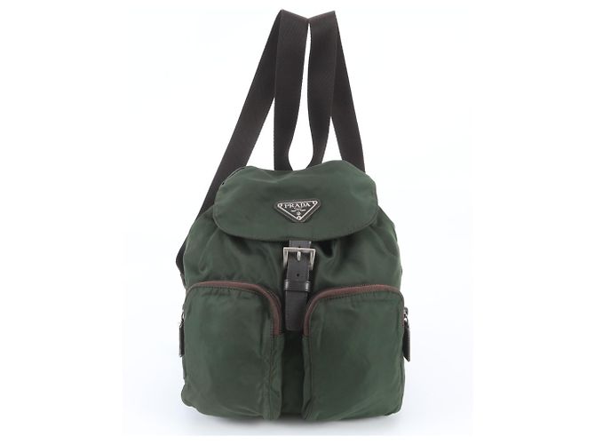 Prada Tessuto Nylon Triangle Logo Backpack Green Khaki
