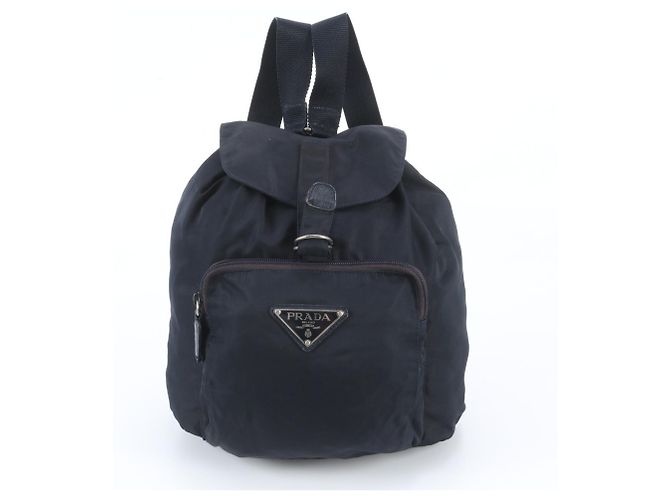 Prada Tessuto Nylon Triangle Logo Leather Backpack Black Navy blue