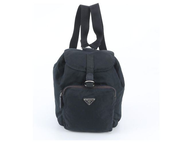 Prada Tessuto Nylon Triangle Logo Leather Backpack Black