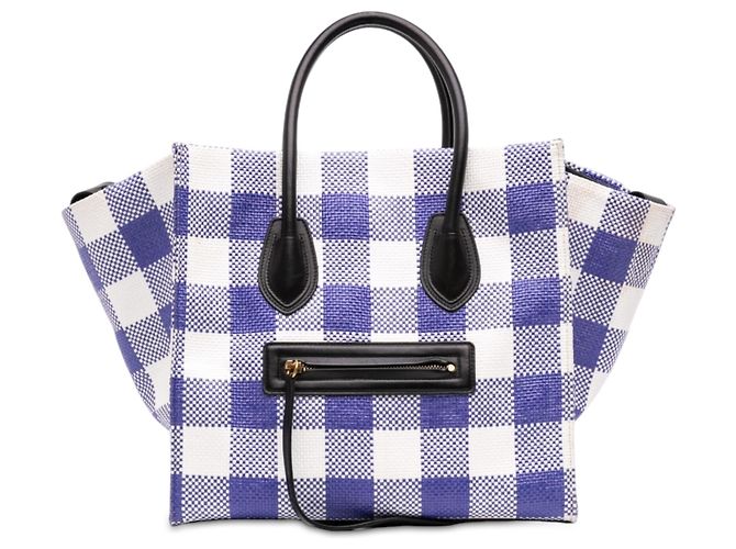 Céline Celine Blue Medium Gingham Raffia Luggage Phantom Tote Blau