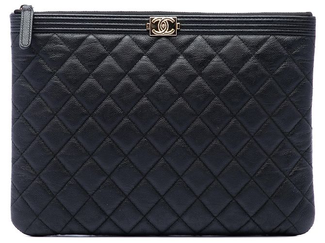 Chanel Black Medium Quilted Caviar Boy O Case Clutch Nero