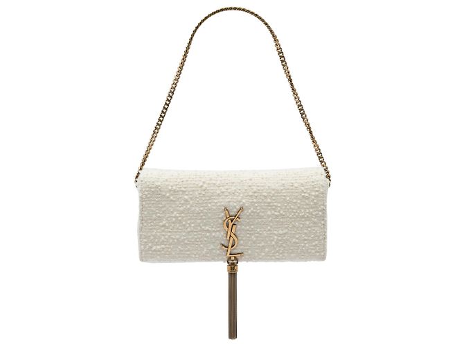 Borsa Saint Laurent Kate 99 in tweed bianco con monogramma e nappe