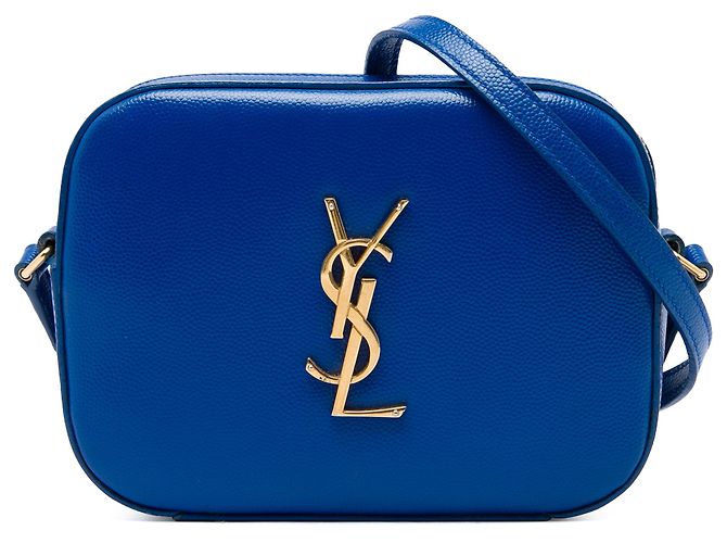 Borsa Camera Classic Monogram Small in pelle Grain De Poudre blu Saint Laurent
