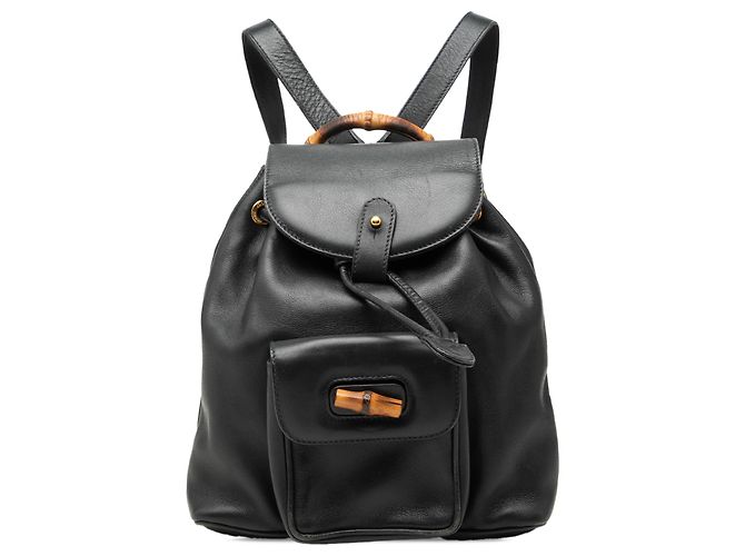Gucci Black Calfskin Bamboo Drawstring Backpack