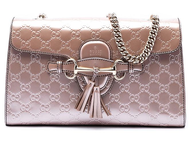 Bolso de hombro Gucci Emily Medium Guccissima de charol rosa Dorado