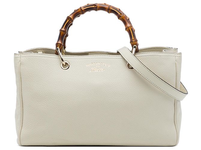 Bamboo Bolsa Gucci Shopper em couro de bezerro branco tamanho Medium com alça de bambu Cru