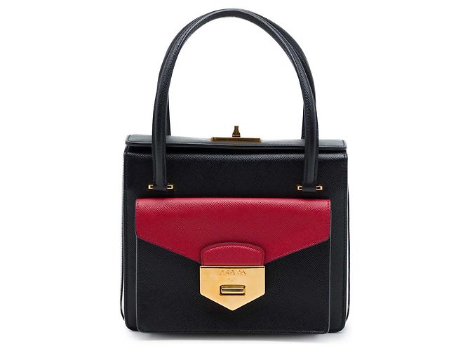 Prada Black Bicolor Saffiano Double Turn Lock Top Handle Bag