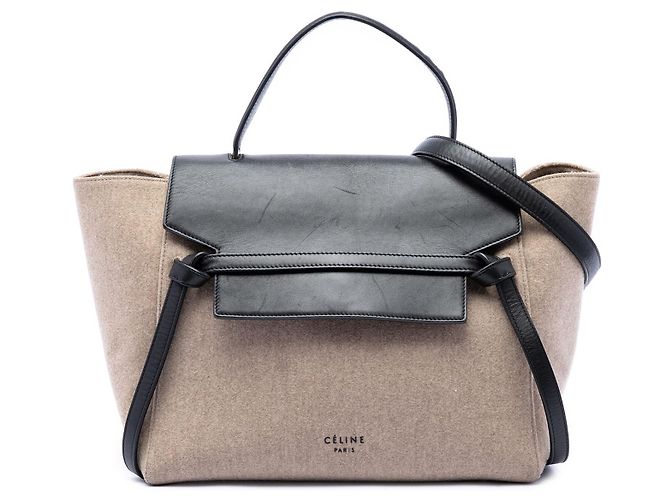 Céline Bolsa Satchel Mini Celine em feltro e couro de bezerro Beige com cinto Bege