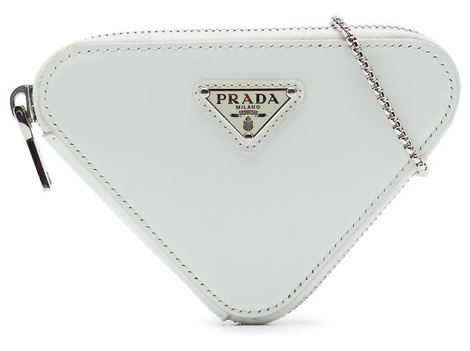 Prada White Mini Brushed Leather Triangle Chain Pouch Eggshell