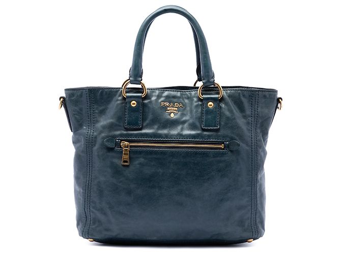 Prada Blue Vitello Shine Front Pocket Convertible Tote Navy blue