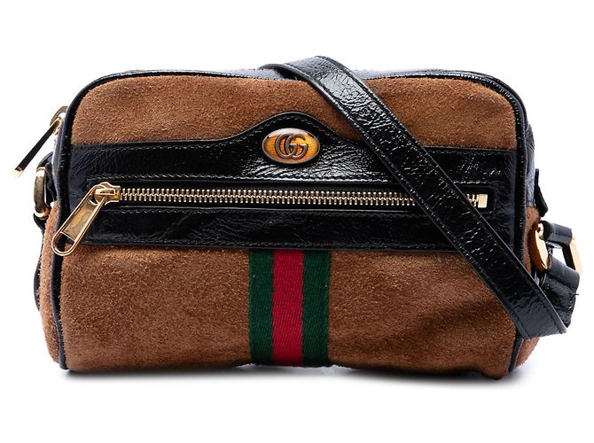 Gucci Mini Borsa a Tracolla Ophidia in Suede Marrone con Web