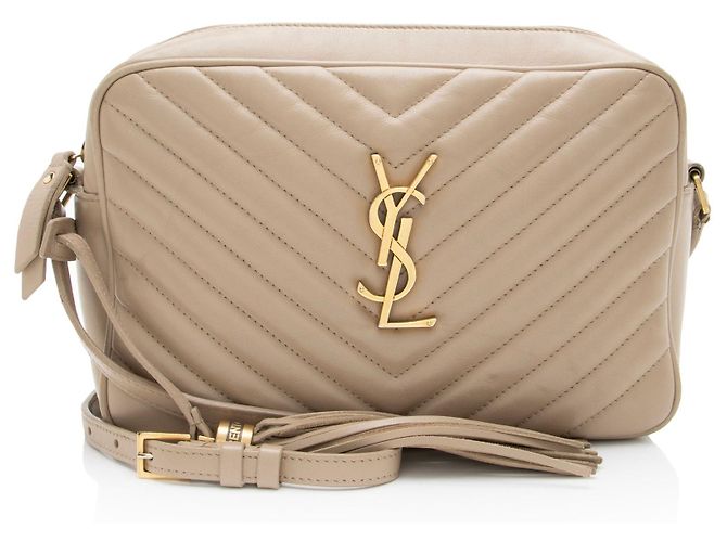 Saint Laurent Lou Camera Bag aus gestepptem Kalbsleder mit Monogramm Braun Beige