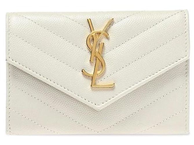 Saint Laurent Tarjetero con solapa Monogram dorado Blanco crema