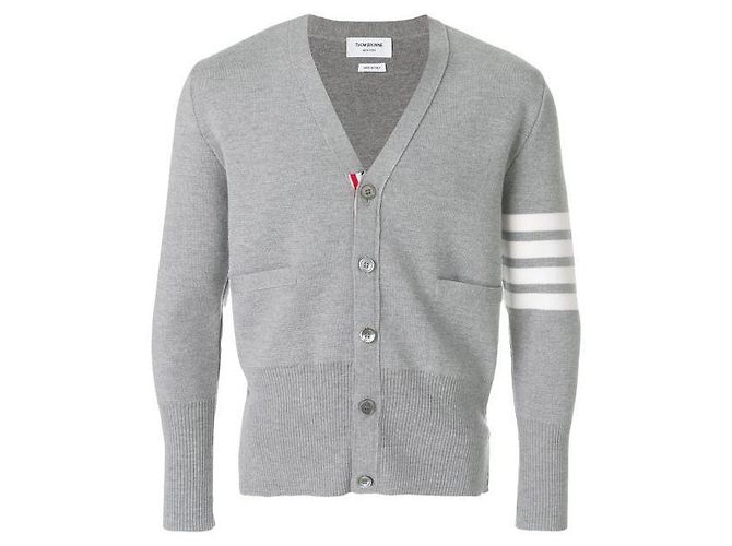 Thom Browne 4-Bar Cardigan mit V-Ausschnitt Hellgrau Braun