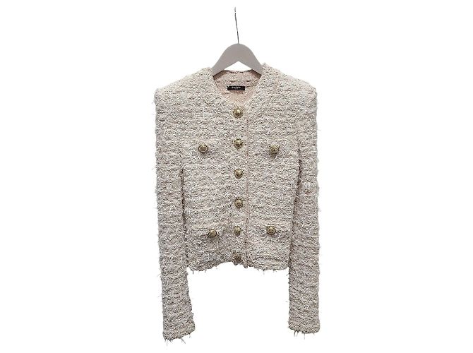 Balmain White Tweed Gold Button Cropped Jacket