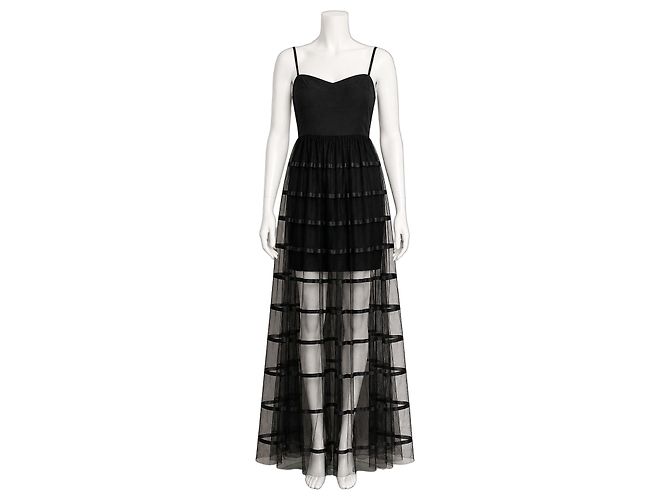 Vera Wang Black Label Maxikleid aus schwarzem Tüll und Band
