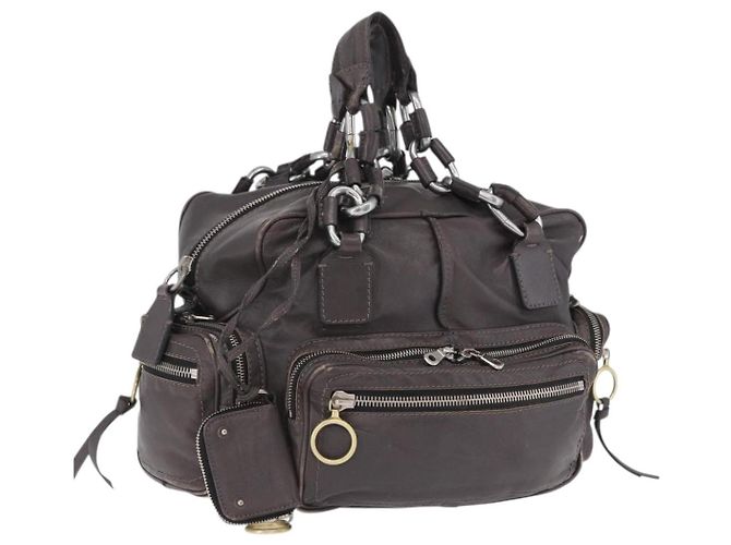 Chloé Bolsa de mão Chloe com corrente em couro cinza prata Auth 200082A Marrom