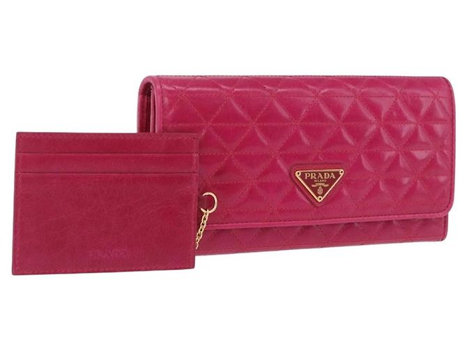 Carteira Longa PRADA em Couro Rosa Ouro Auth 200115V Dourado