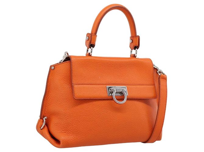 Salvatore Ferragamo Sofia Gancini Tasche Leder 2way Orange Silver Auth 201941A Silber