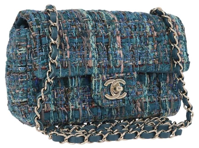 Borsa a tracolla CHANEL Mini Matelasse 20 in tweed Verde e Oro CC Auth 200062SM D'oro