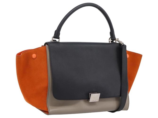 Céline Bolsa de mão CELINE Trapeze em couro 2way Laranja Prata Auth 202307V