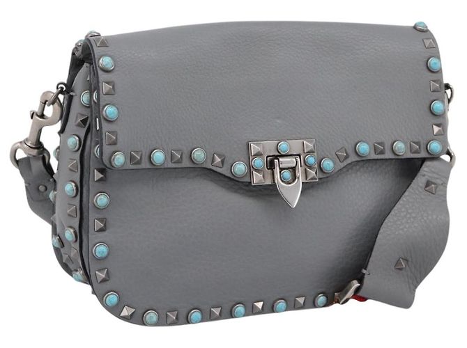 Bolsa de Ombro VALENTINO em Couro Gray Blue Auth 202167 Marrom Azul