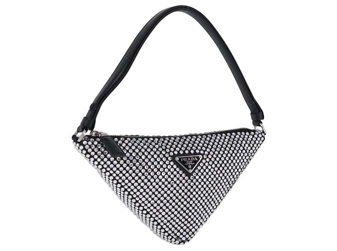 Bolso de mano PRADA Strass Canvas Black Silver Auth 199965M Negro Plata