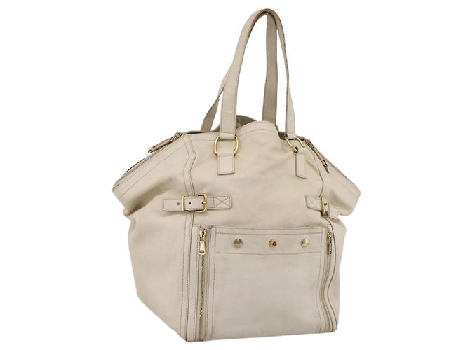 Saco Tote SAINT LAURENT Downtown em Couro Branco Ouro 175884 Auth hk4076 Dourado