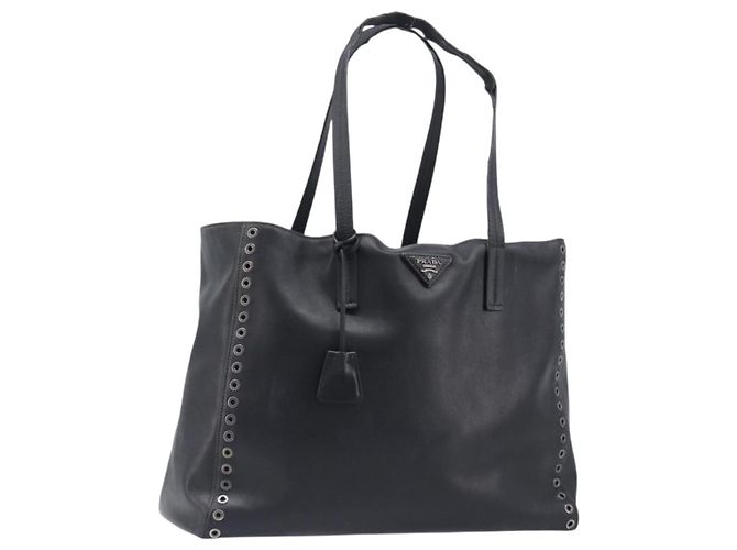 PRADA Tote Bag Leather Black Silver Auth 199907 Silvery
