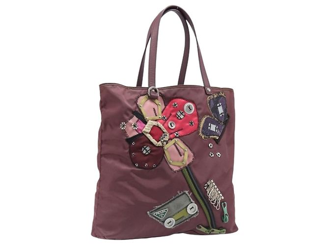 PRADA Tote Bag Nylon Rot Silber Auth hk4020