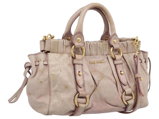 Bolsa de mão Miu Miu Vitellolux em couro 2way Bege Tom Dourado Auth 200811