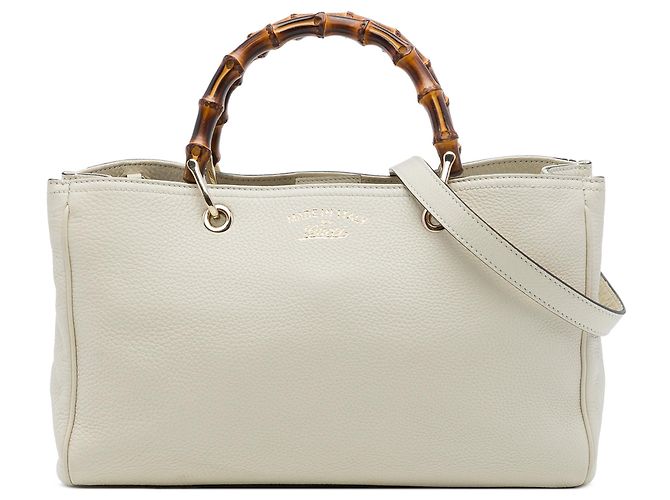 Bamboo Borsa Shopper Satchel Gucci Medium in pelle di vitello bianca con bambù Bianco