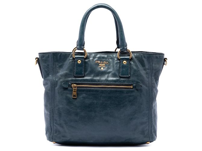 Borsa tote convertibile Prada Vitello Shine blu con tasca frontale