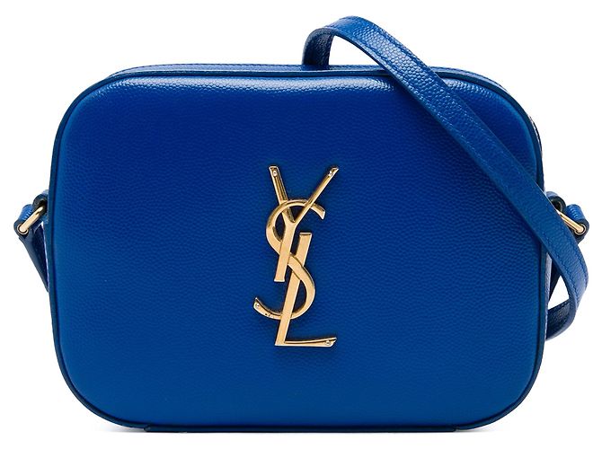 Borsa Camera Classic Monogram Small in Grain De Poudre Blu Saint Laurent